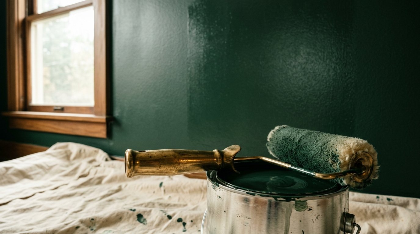 A brass-handled roller resting on an open can of deep green paint, on a paint-spattered drop cloth in front of a freshly painted dark green interior wall.